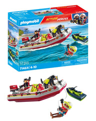 Playmobil fireboat with aqua scooter enables thrilling water rescues.