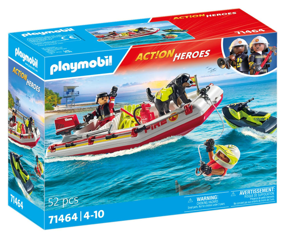 Playmobil firefighter rescues jet-ski rider with diving gear on deck.