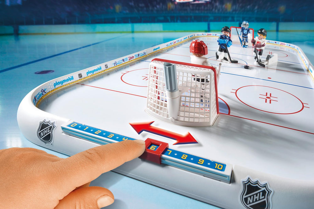 Playmobil NHL Hockey Arena lever shot demonstrates quick puck launches.