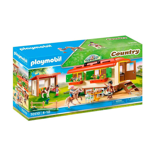 Playmobil Pony Shelter with Mobile Home exterior trailer with colorful flower boxes for cheerful set scenes.