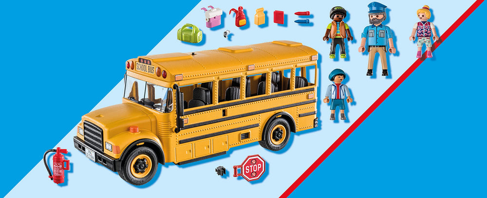 Playmobil School Bus doors open for easy boarding play.
