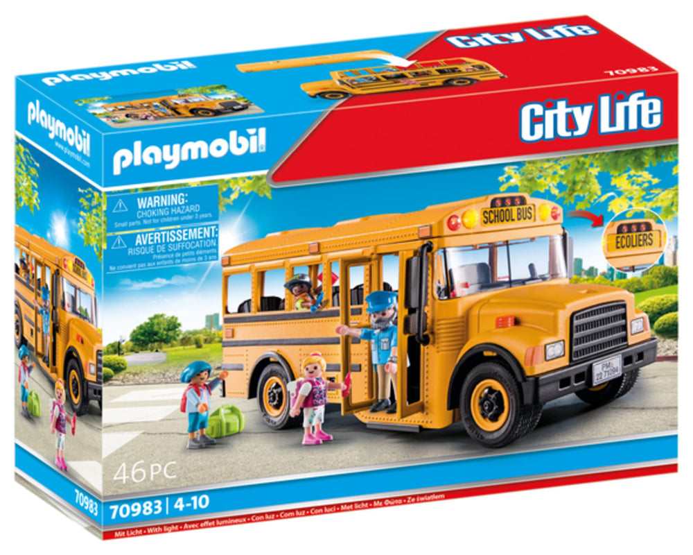 Playmobil School Bus front lights illuminate scenes for imaginative travel.