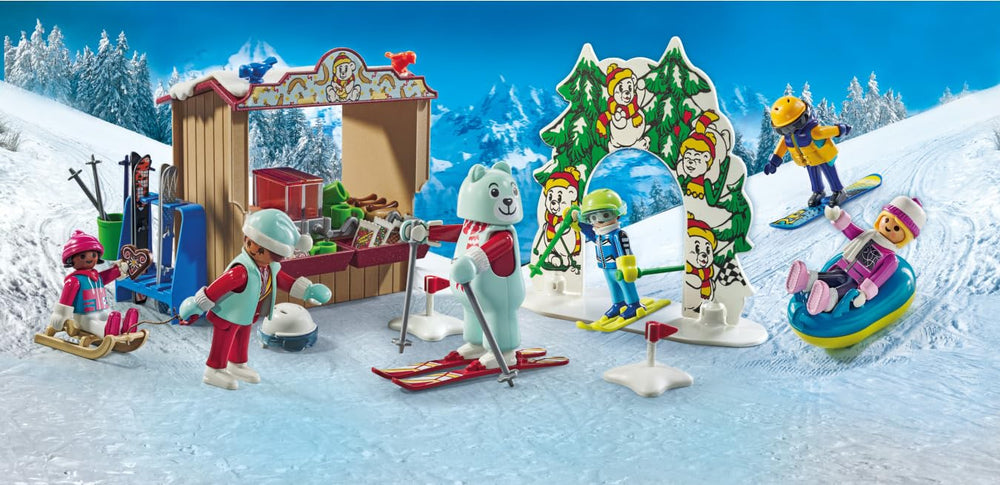 Playmobil Ski World instructor in bear costume demonstrates basic skiing techniques