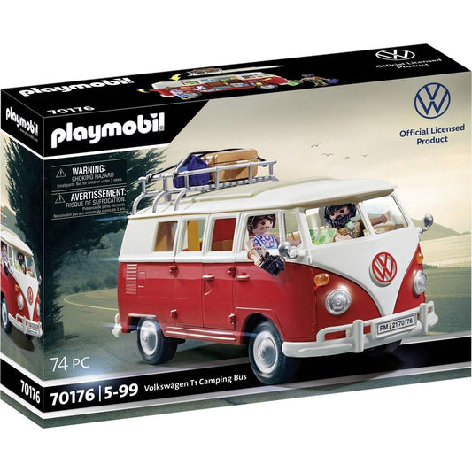 Playmobil Volkswagen T1 Camping Bus exterior view highlighting classic camper styling and road-trip appeal.