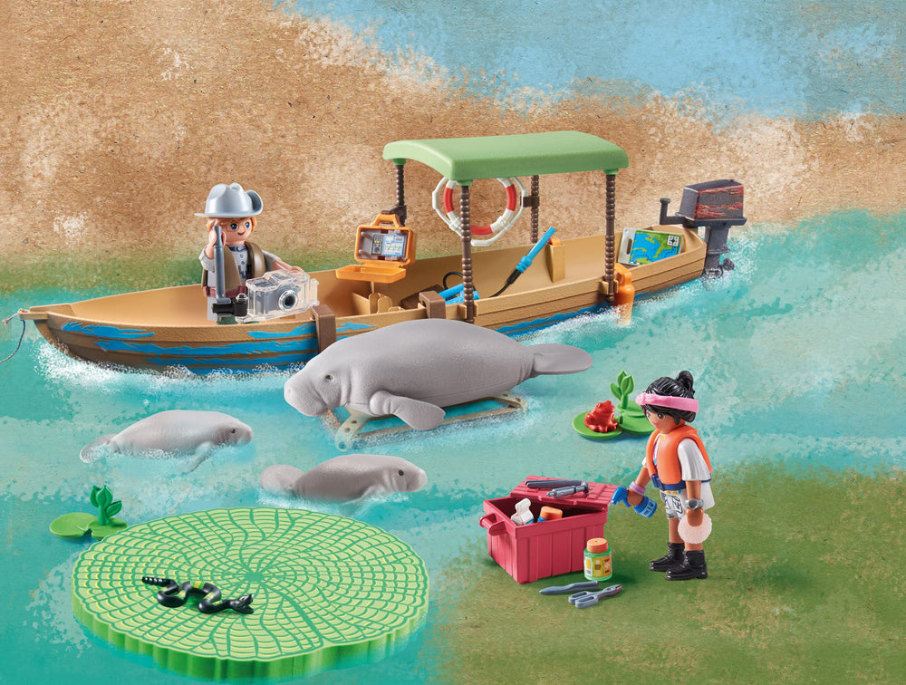 Playmobil Wiltopia manatees with cubs; close wildlife observation for kids
