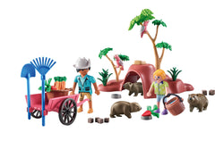 Playmobil Wiltopia wheelbarrow with supplies enables imaginative chores.
