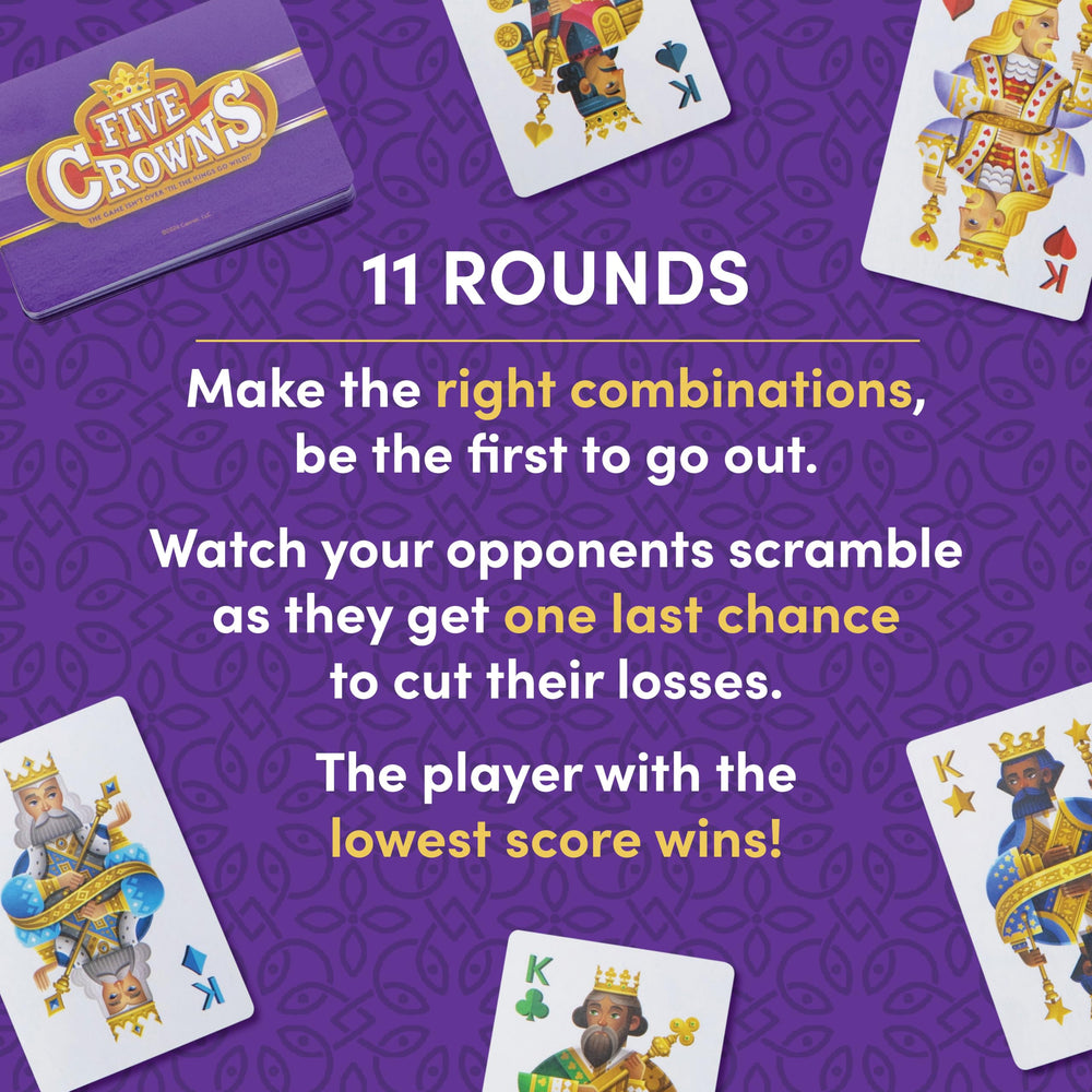 PlayMonster Five Crowns players holding cards during a lively round