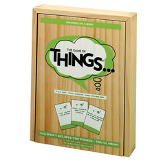 PlayMonster Game of THINGS topic cards spark funny prompts during party night.