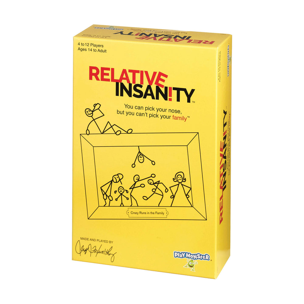 PlayMonster Relative Insanity card game setup with punchline cards for laughs