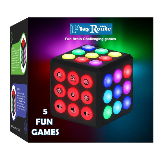 PlayRoute cube front view with vibrant LEDs for on-the-go fun