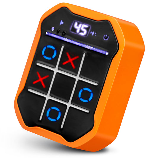 PlayRoute electronic tic-tac-toe handheld game start screen with a vibrant score display.