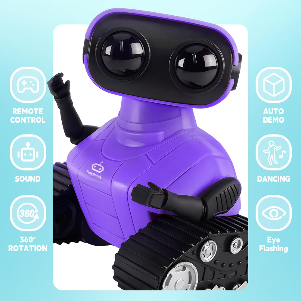Playsheek Emo Robot with LED eyes lights up for engaging play sessions.
