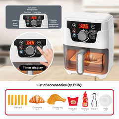 Playssnior Bojia air fryer toy shows lights and sounds for realism in pretend cooking.