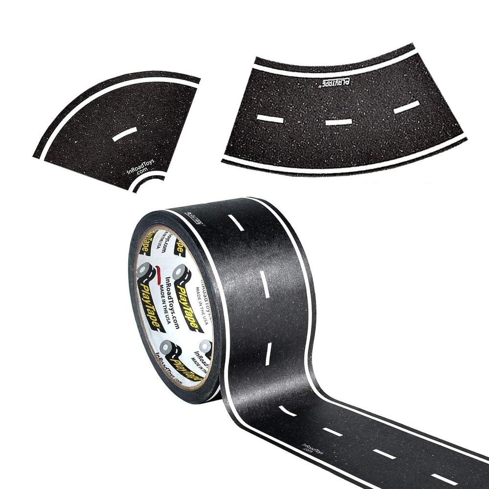 PlayTape road tape laid out to form a long, Asphalt-style road for kids' toy cars.