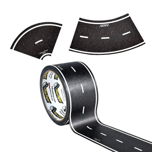 PlayTape road tape laid out to form a long, Asphalt-style road for kids' toy cars.