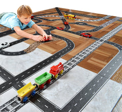 PlayTape unrolled road on table shows easy tear-by-hand setup.