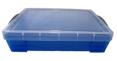 PlayTherapySupply blue translucent sand tray with locked lid demonstrates secure transport for on-site sessions.