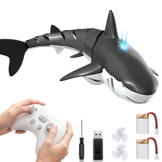 Playtigo shark pool toy with LED lights and water spray for nighttime fun