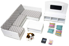 Playtime by Eimmie couch in a cozy living room for 18-inch dolls, encouraging imaginative storytelling