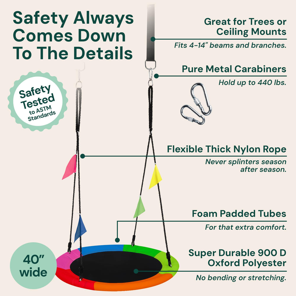 Sturdy steel frame of the PLAYVIBE 40-inch swing supports up to 440 lb.