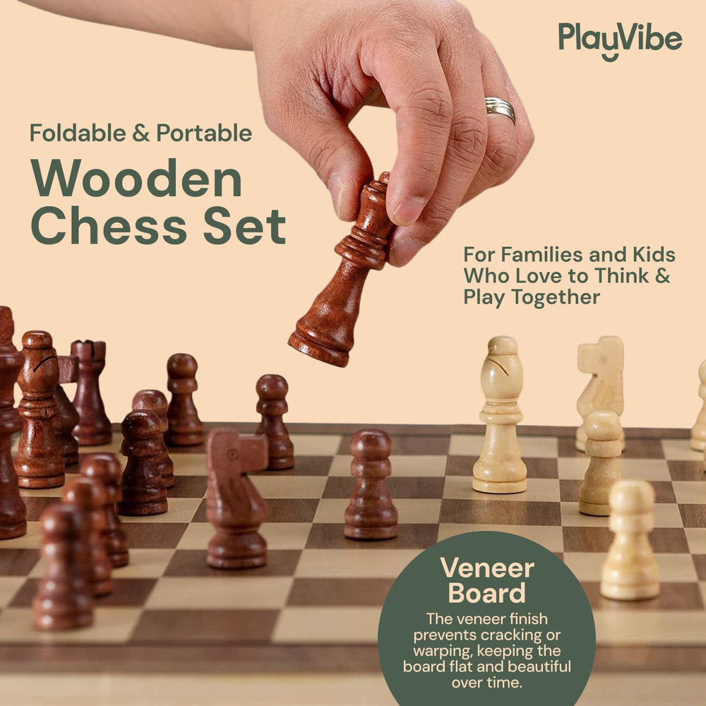 PlayVibe wooden chess board open with pieces inside for travel-friendly play.