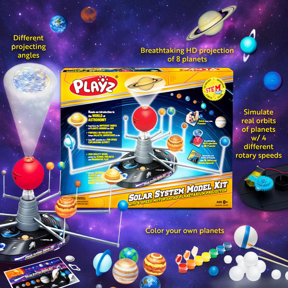Paint set and brush enable kids to customize planetary visuals.