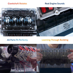 Playz V8 engine project shows exhaust valves and belts in action.