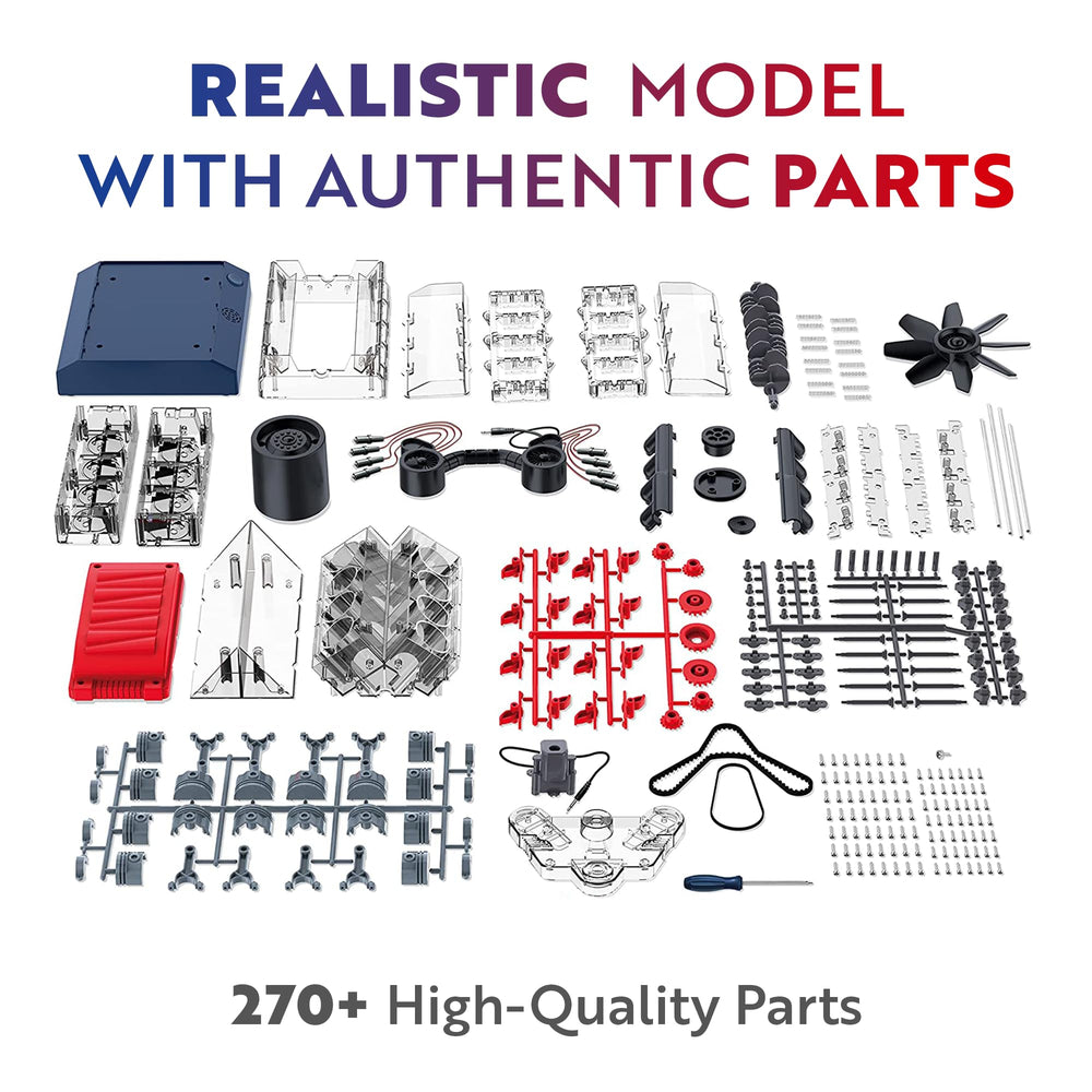 Playz V8 engine kit displays visible crank and belts for curiosity.