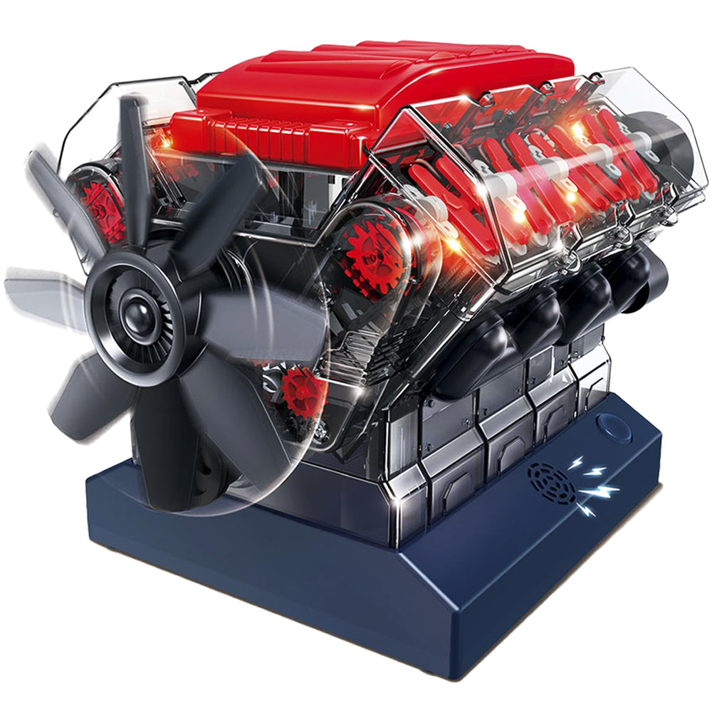 Playz V8 engine model kit shows pistons and cables for hands-on learning.