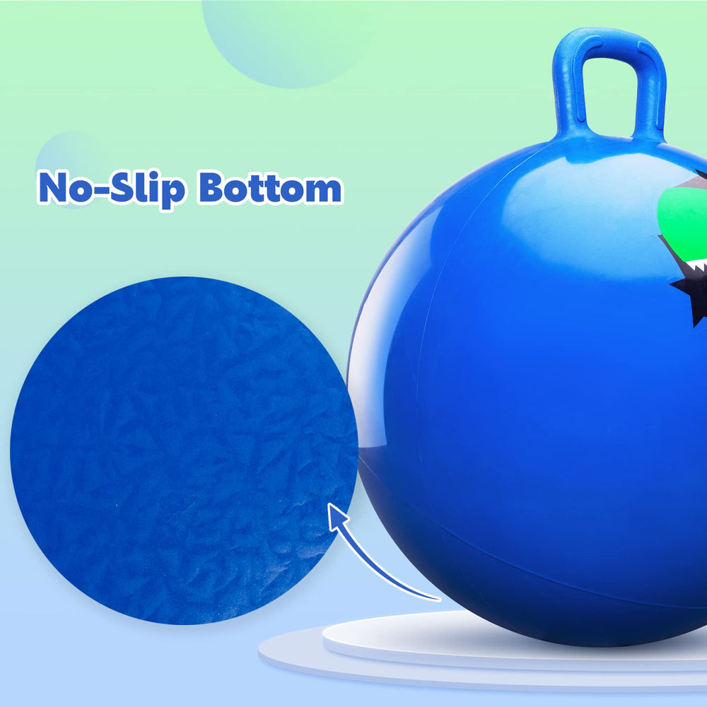 Durable thickened material of the PlayZap hopper ball withstands energetic hopping.