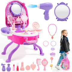 Plintone 4-in-1 vanity table for kids with organized storage and pretend beauty tools.