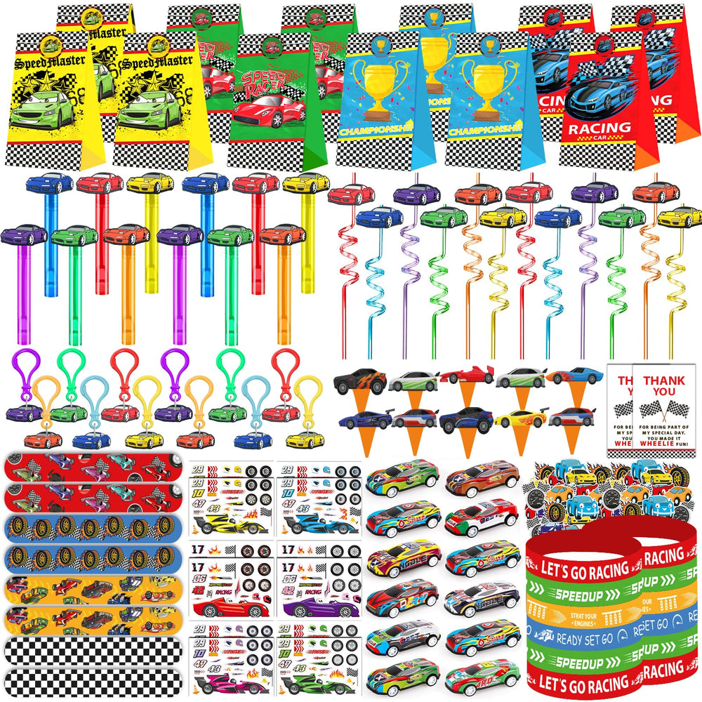 PLOUGVI race car favors pack for a themed birthday celebration.