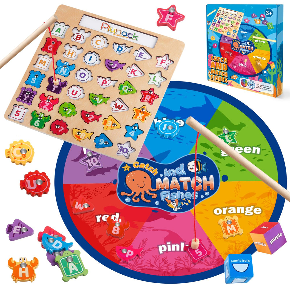 Plunack Alphabet Fishing Game wooden fishes with magnets support alphabet recognition play