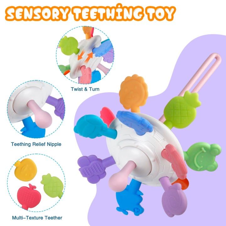 Plunack pull-string teether toy encouraging grip and teething play