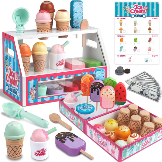 Plunack wooden ice cream counter display for imaginative play.