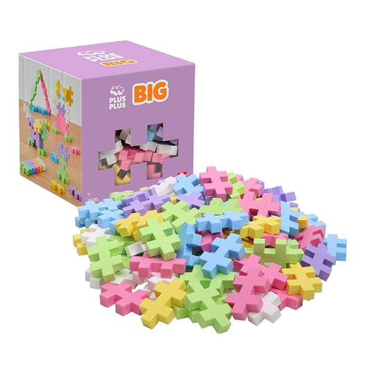 Plus Plus Big open play set with pastel pieces inspires imaginative building and fine motor skill development.