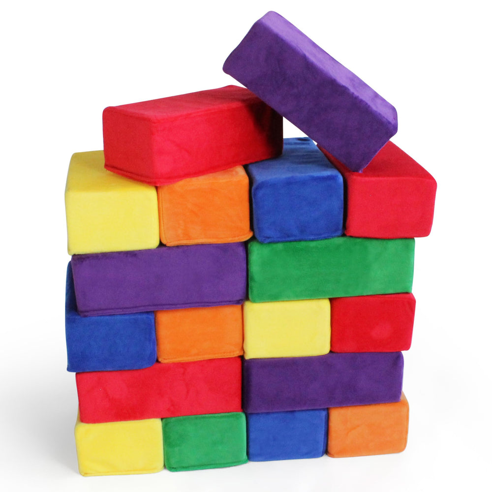 Plush Blocks original stack with soft fabric covers for imaginative stacking play