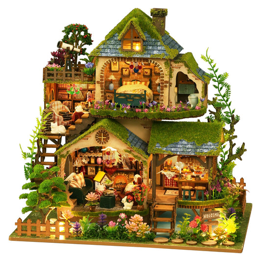 Plustopoy forest adventure dollhouse kit with natural wood pieces for a satisfying build
