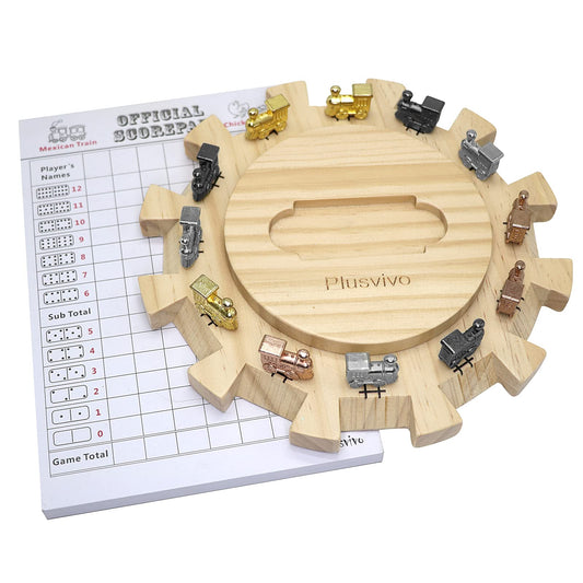Plusvivo wooden Mexican Train hub showcases durable pine construction for long-lasting gameplay.