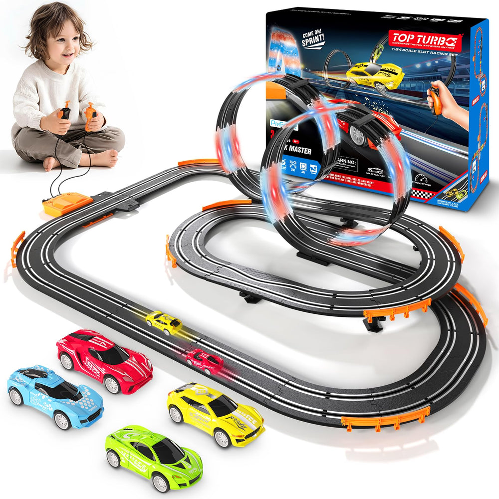 PlyEeight slot-track with a 360 overpass lights up immersive racing.