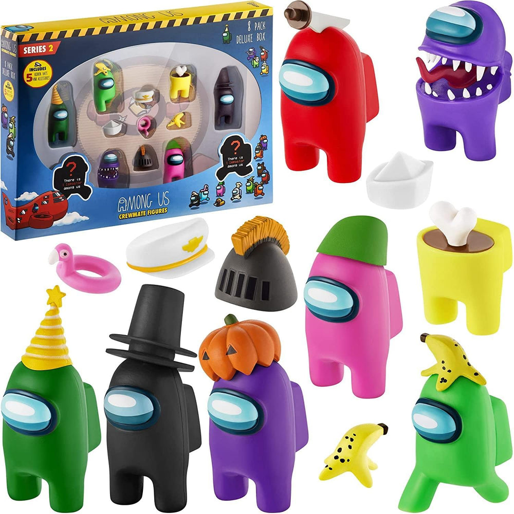 P.M.I. Among Us crewmate figures box showing eight collectible characters for play and display