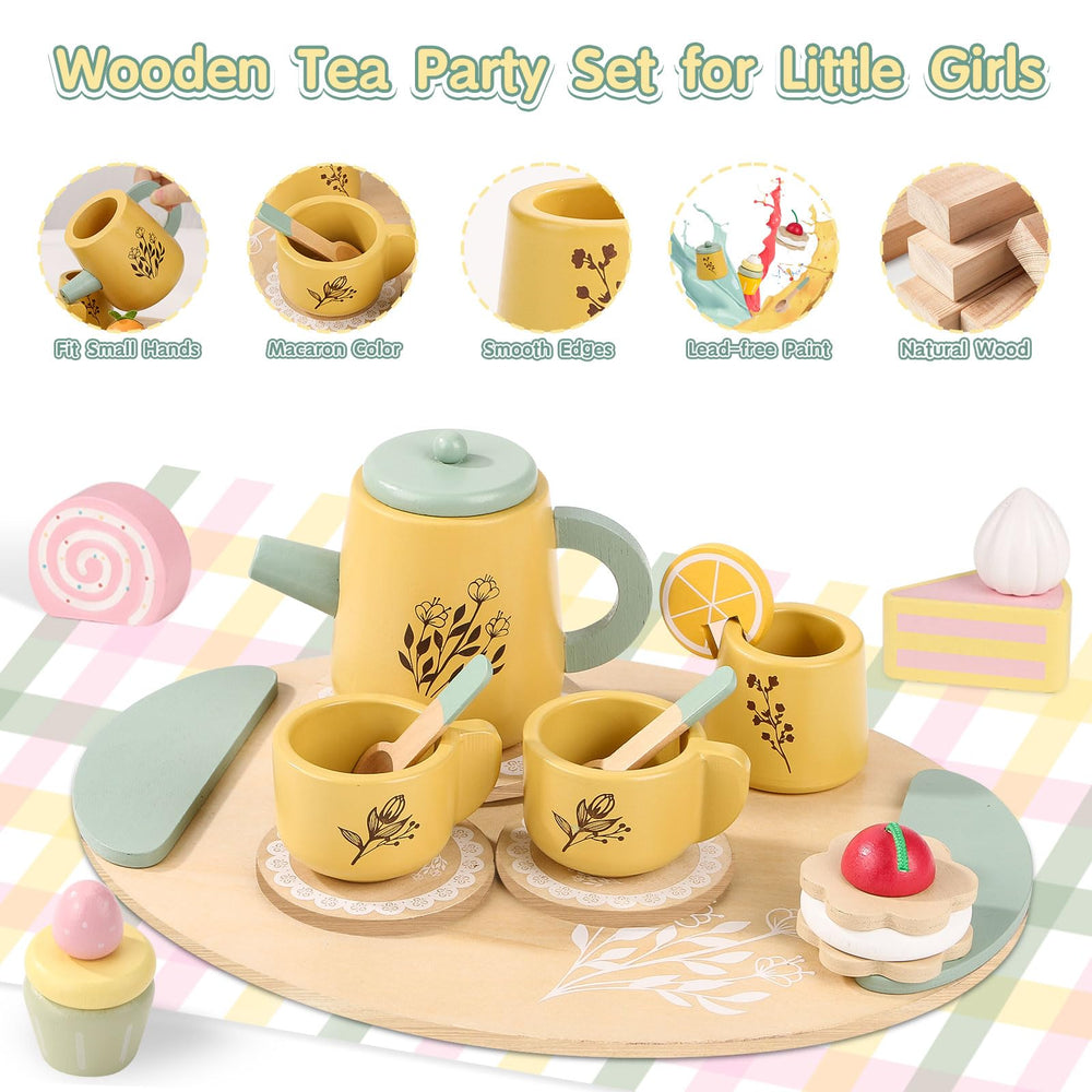Podeddju wooden tea set dessert trays showcase colorful treats that inspire storytelling.