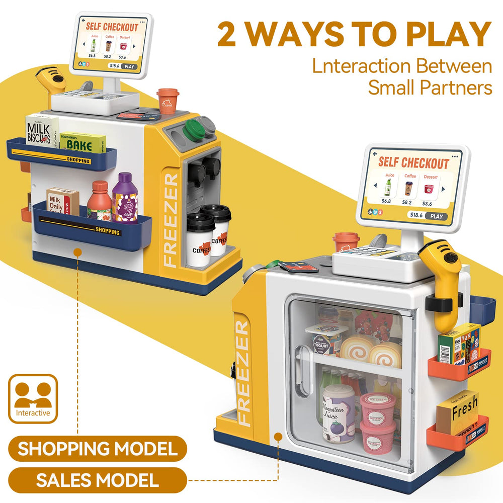 POFJOEQ scanner and drawer illustrate real-world flow during pretend shopping.