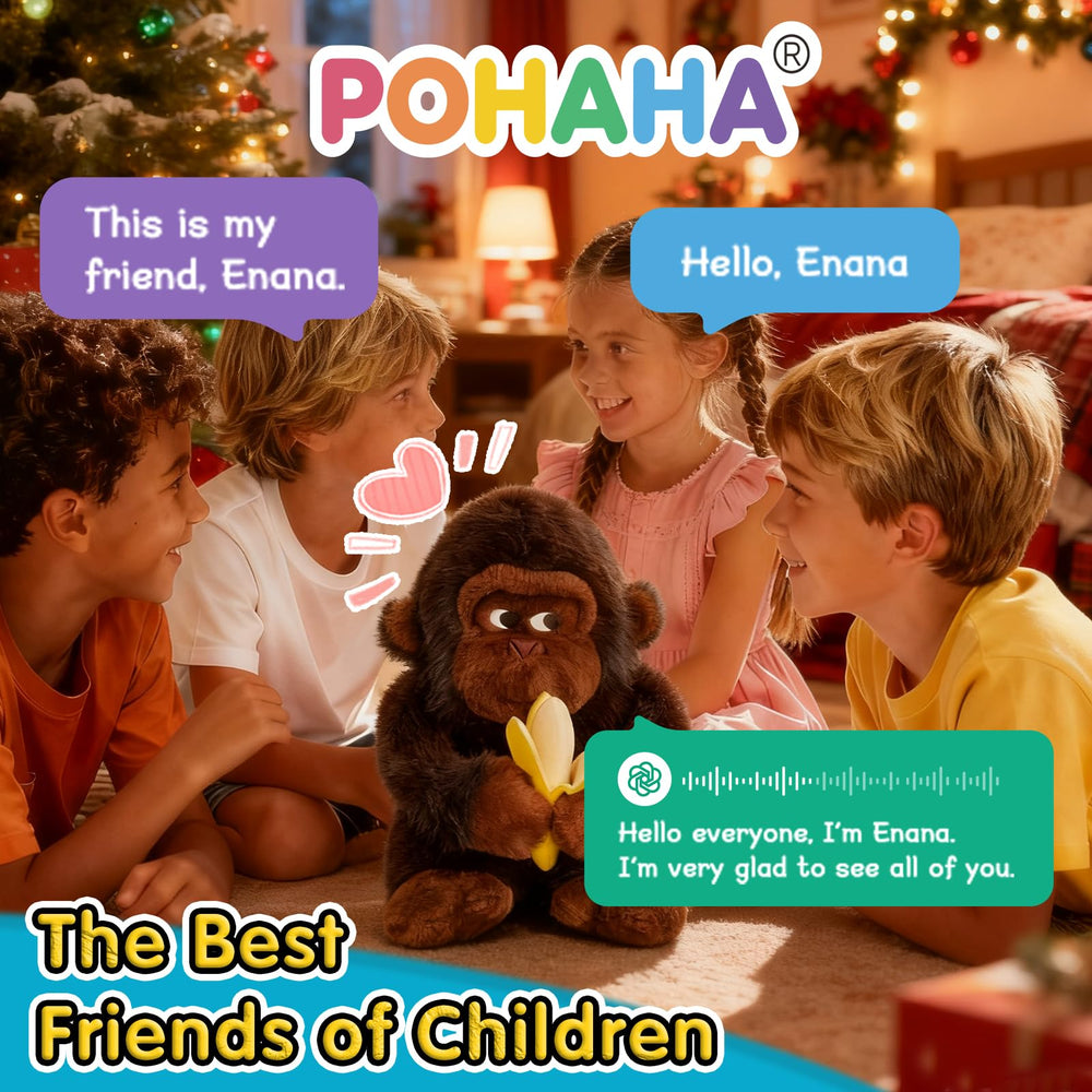 POHAHA AI Talking Gorilla shown in a child's arms during storytime.