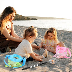 POILKMNI seashell bags and mesh storage for organized shell gathering at the beach.