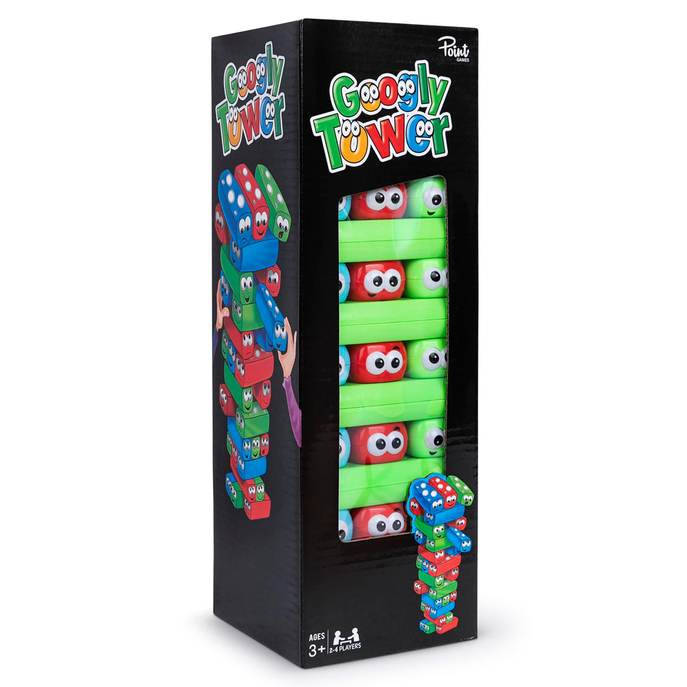 Point Games Googly Tower bricks stacked for cooperative family fun.
