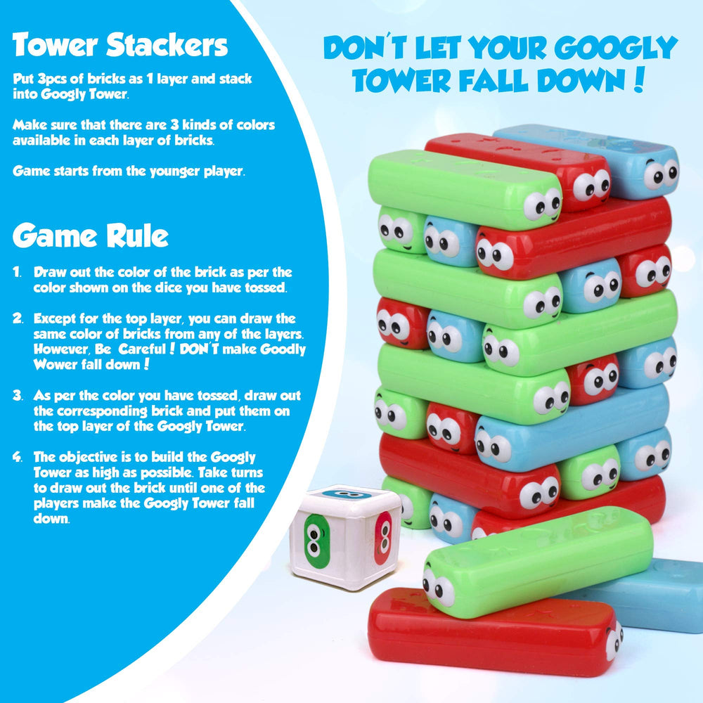 Point Games Googly Tower pegs and blocks ready for playtime challenge.