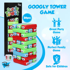 Point Games Googly Tower tower construction in progress for balance practice.