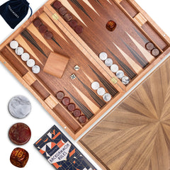 Pointworks 17-Inch Backgammon Board top view shows elegant wood inlay for stylish game nights.
