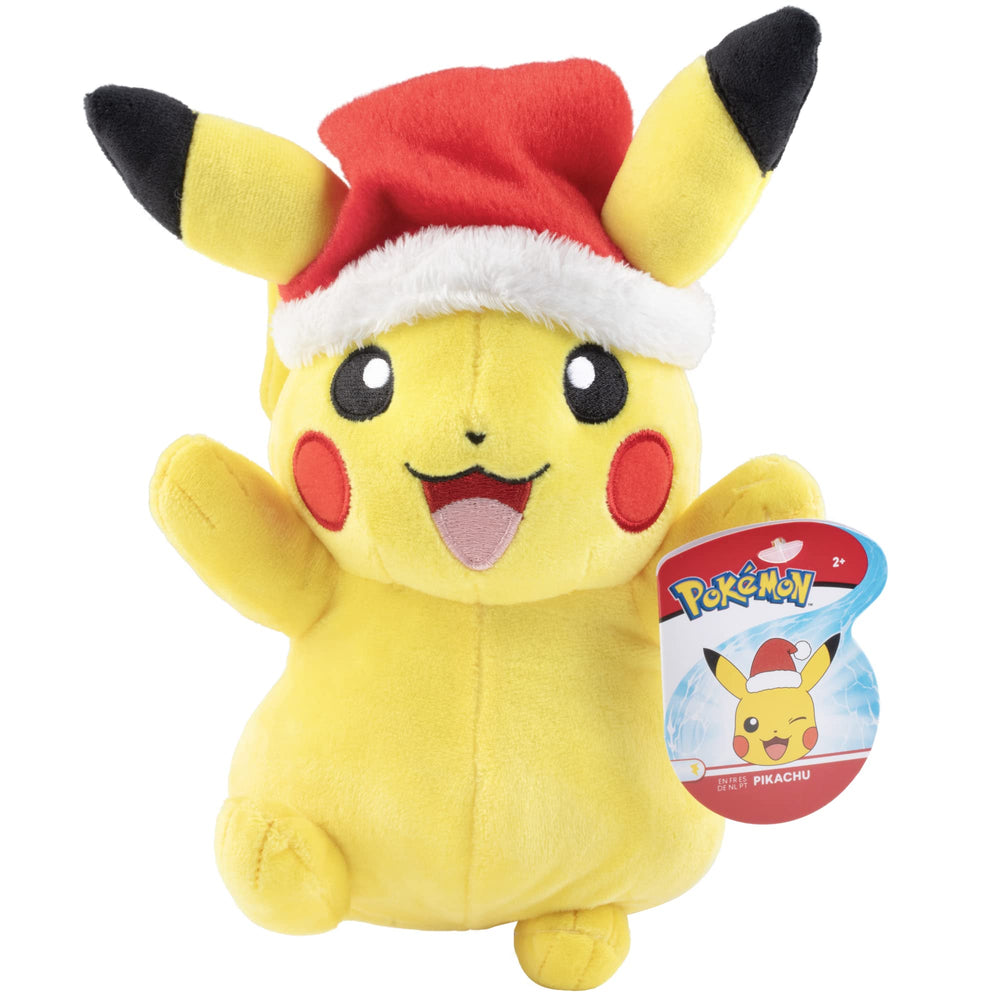 Pokémon 8-inch holiday Pikachu plush with Santa hat for cozy holiday gifting.